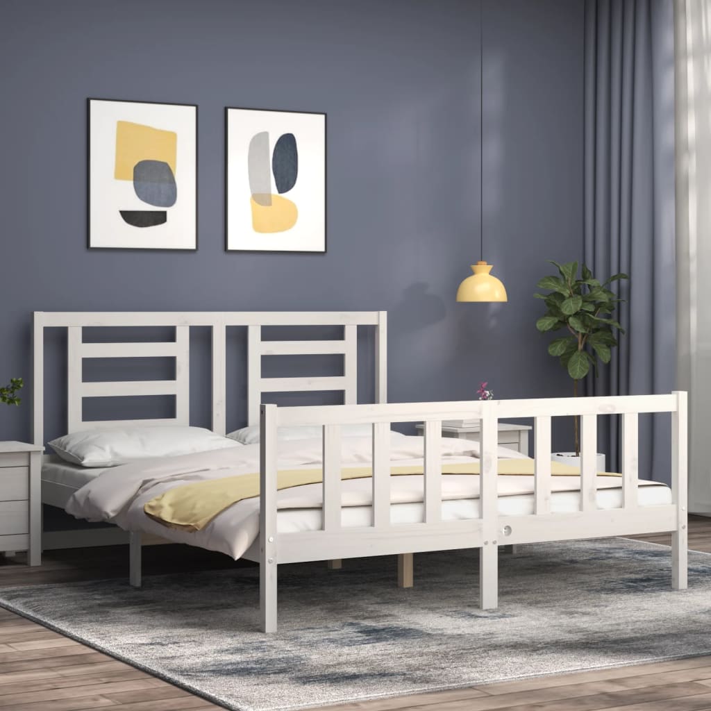 Bed Frame with Headboard White 153x203 cm Queen Solid Wood