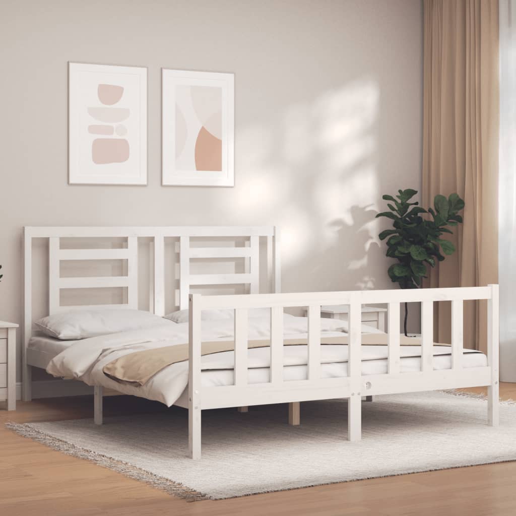 Bed Frame with Headboard White 153x203 cm Queen Solid Wood