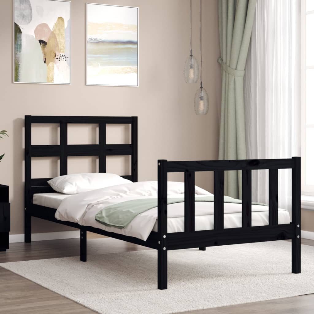 Bed Frame with Headboard Black 92x187 cm Single Size Solid Wood