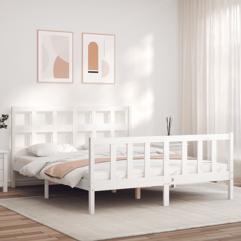 Bed Frame with Headboard White 153x203 cm Queen Solid Wood