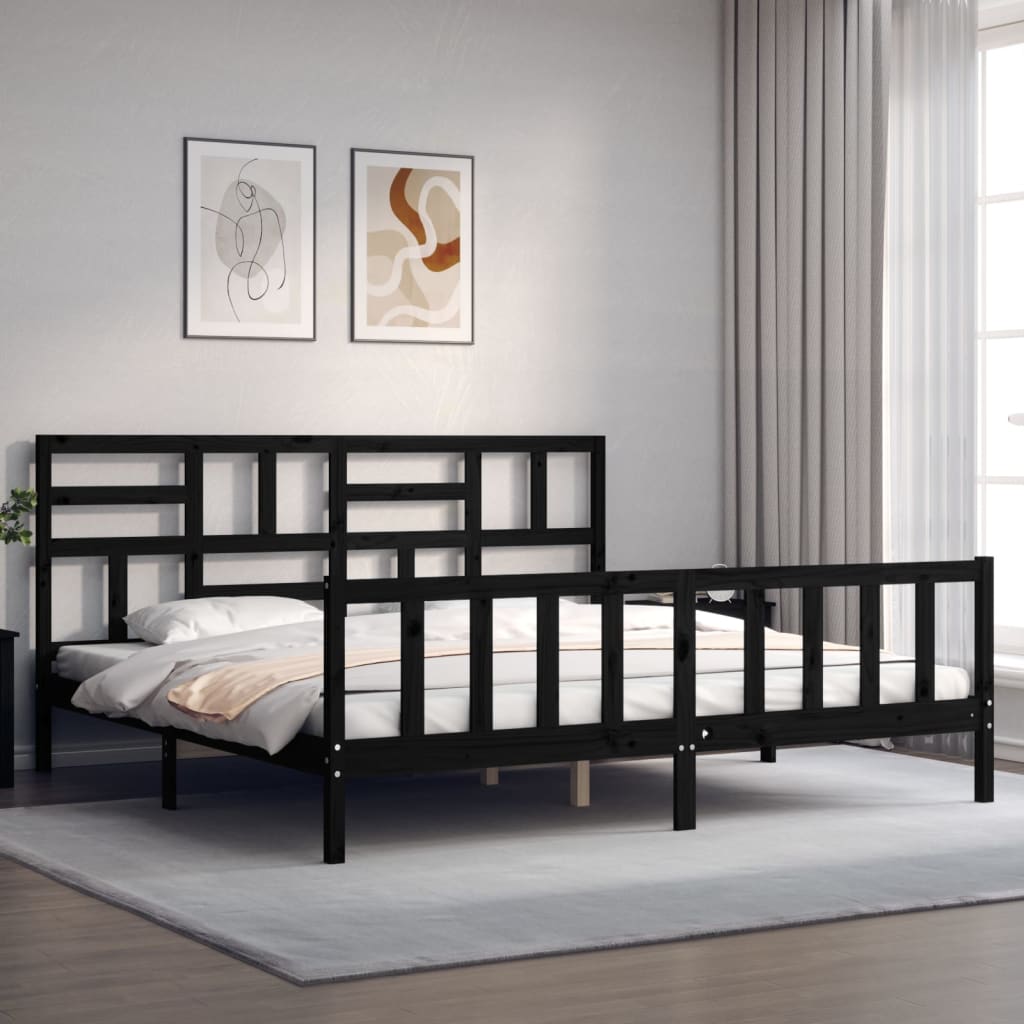 Bed Frame with Headboard Black 183x203 cm King Solid Wood