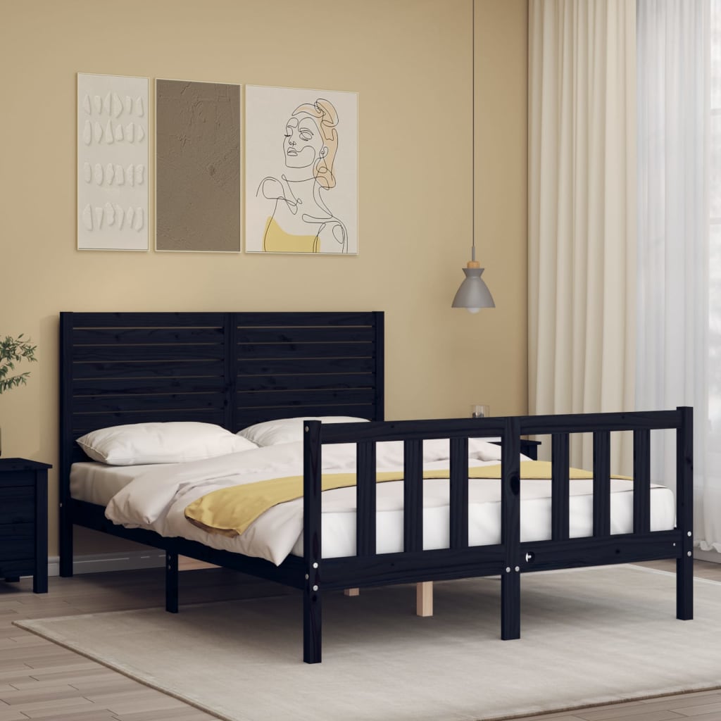 Bed Frame with Headboard Black 137x187 cm Double Solid Wood