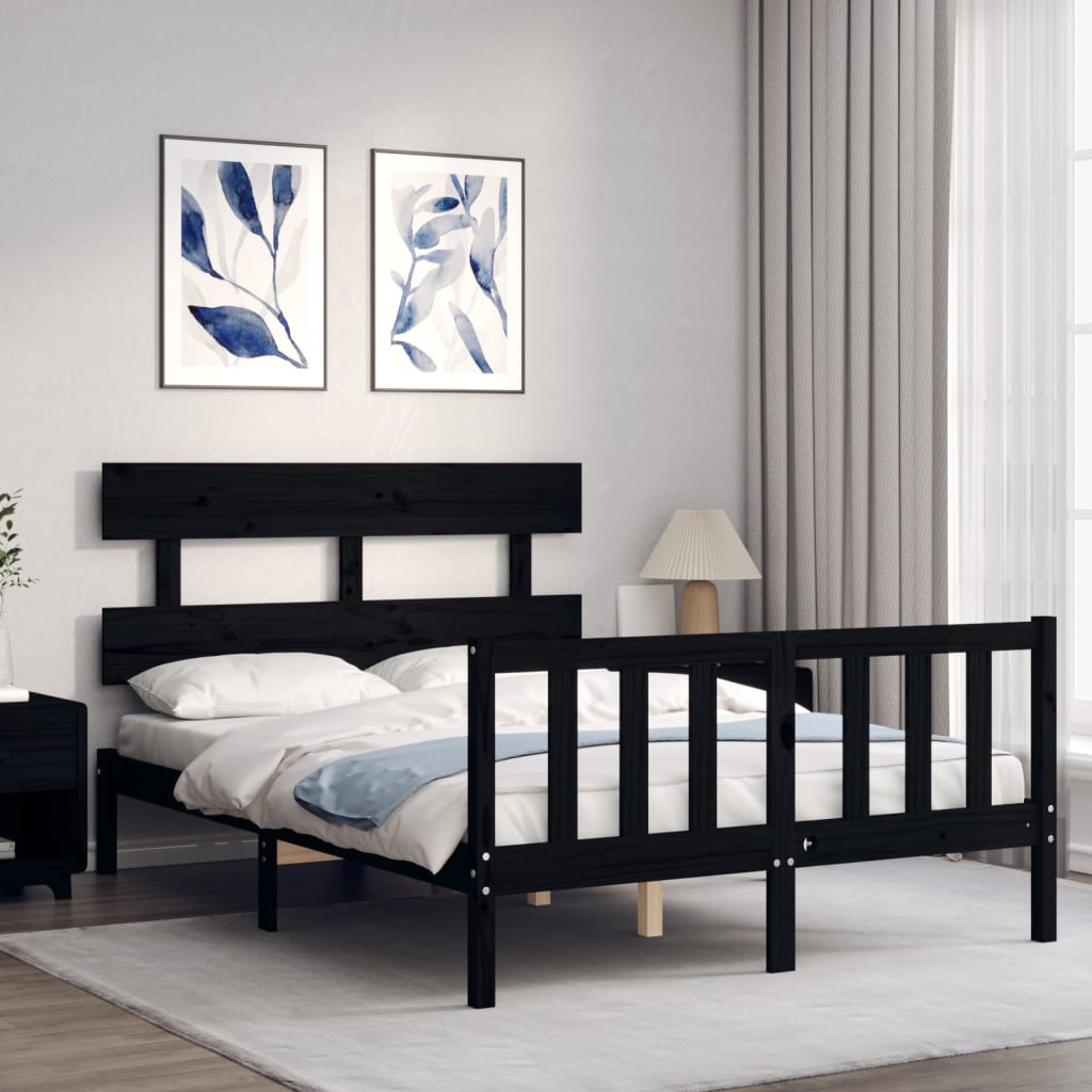 Bed Frame with Headboard Black 137x187 cm Double Solid Wood