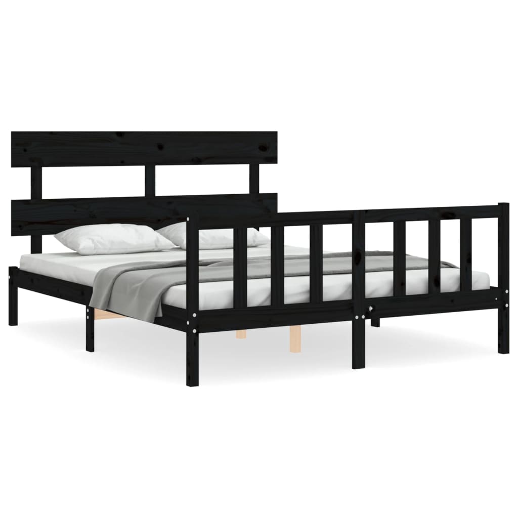 Bed Frame with Headboard Black 153x203 cm Queen Solid Wood