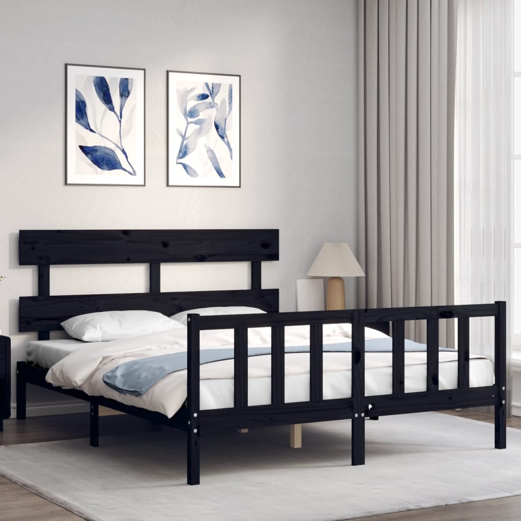 Bed Frame with Headboard Black 153x203 cm Queen Solid Wood