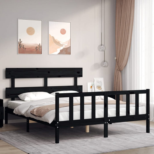 Bed Frame with Headboard Black 153x203 cm Queen Solid Wood