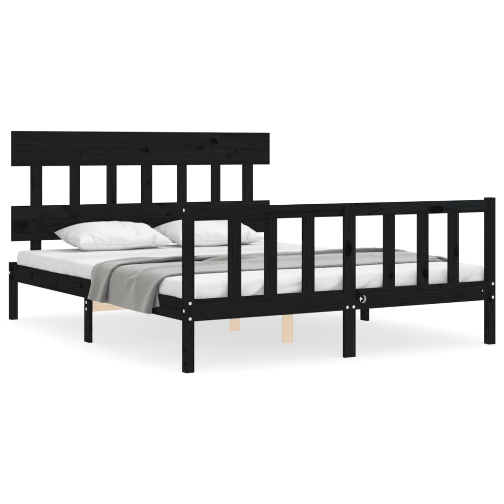 Bed Frame with Headboard Black 153x203 cm Queen Solid Wood