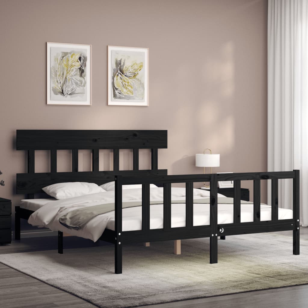 Bed Frame with Headboard Black 153x203 cm Queen Solid Wood