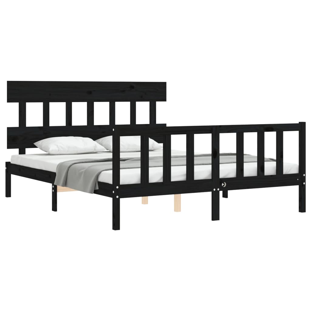 Bed Frame with Headboard Black 153x203 cm Queen Solid Wood