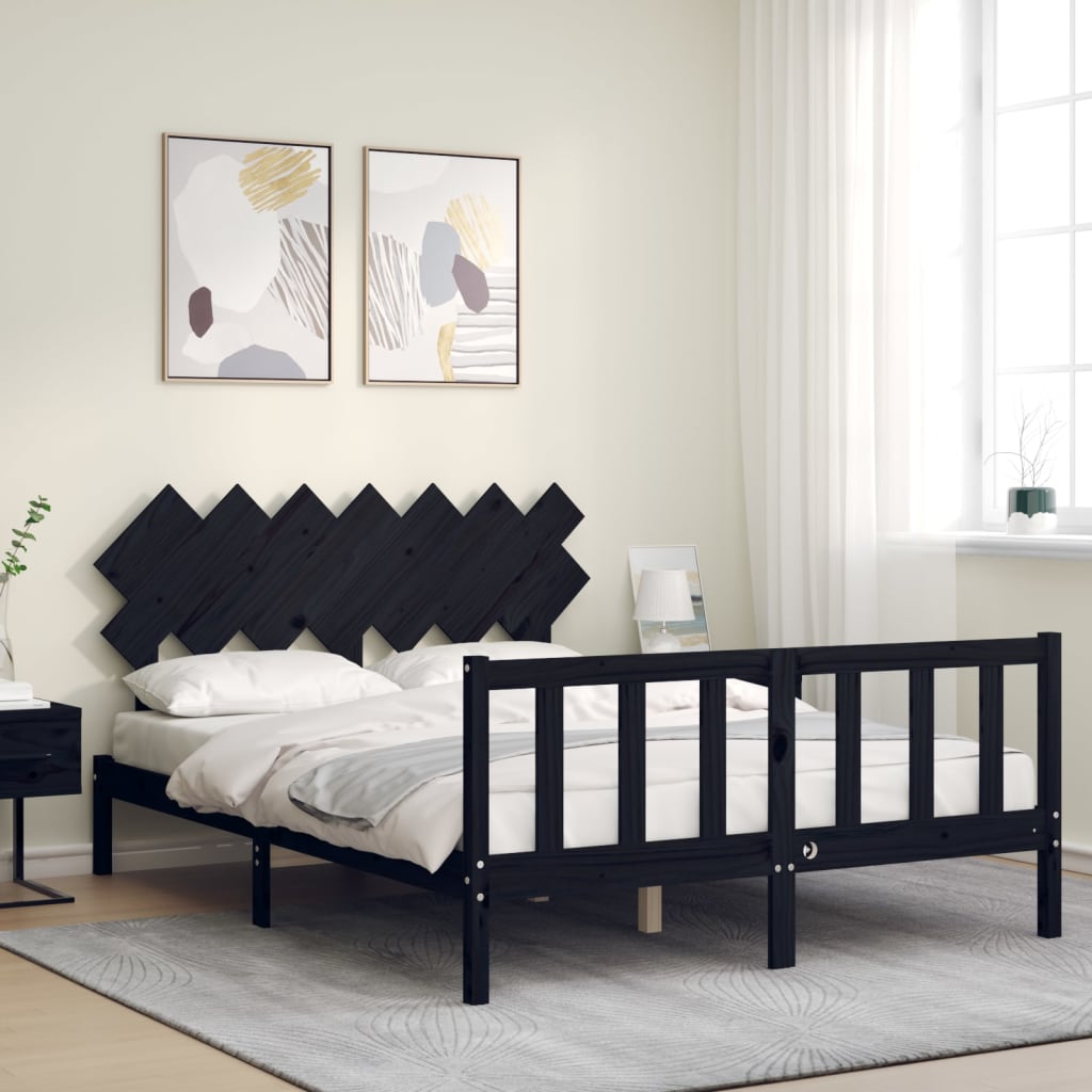 Bed Frame with Headboard Black 153x203 cm Queen Solid Wood