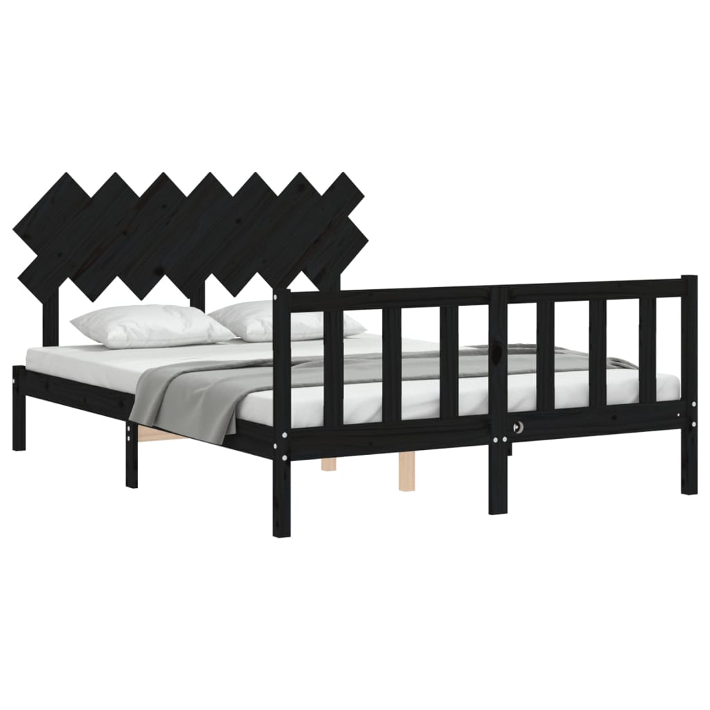 Bed Frame with Headboard Black 153x203 cm Queen Solid Wood