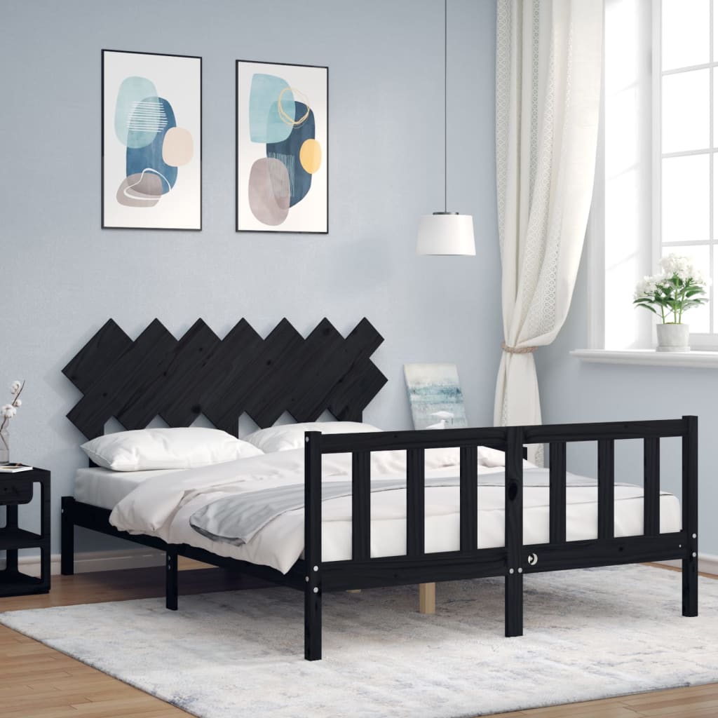 Bed Frame with Headboard Black 153x203 cm Queen Solid Wood