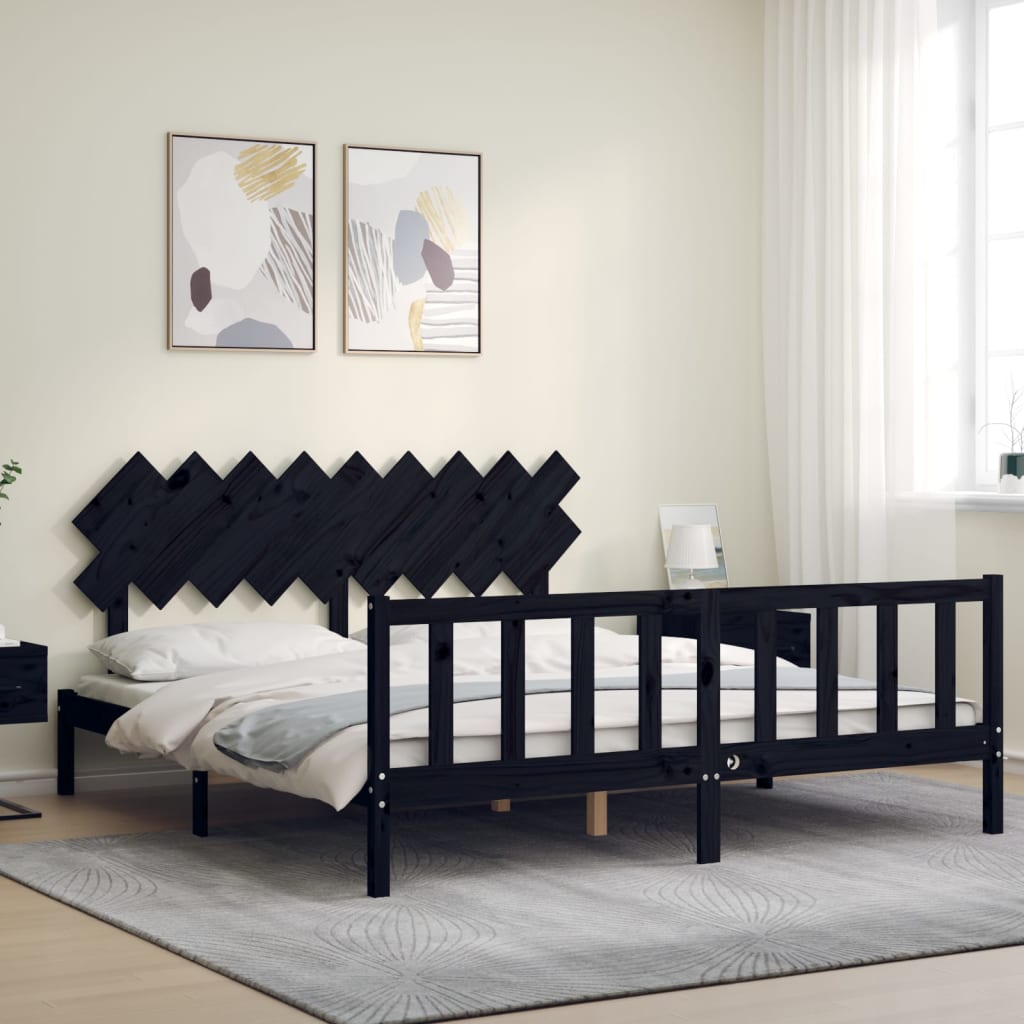 Bed Frame with Headboard Black 183x203 cm King Solid Wood