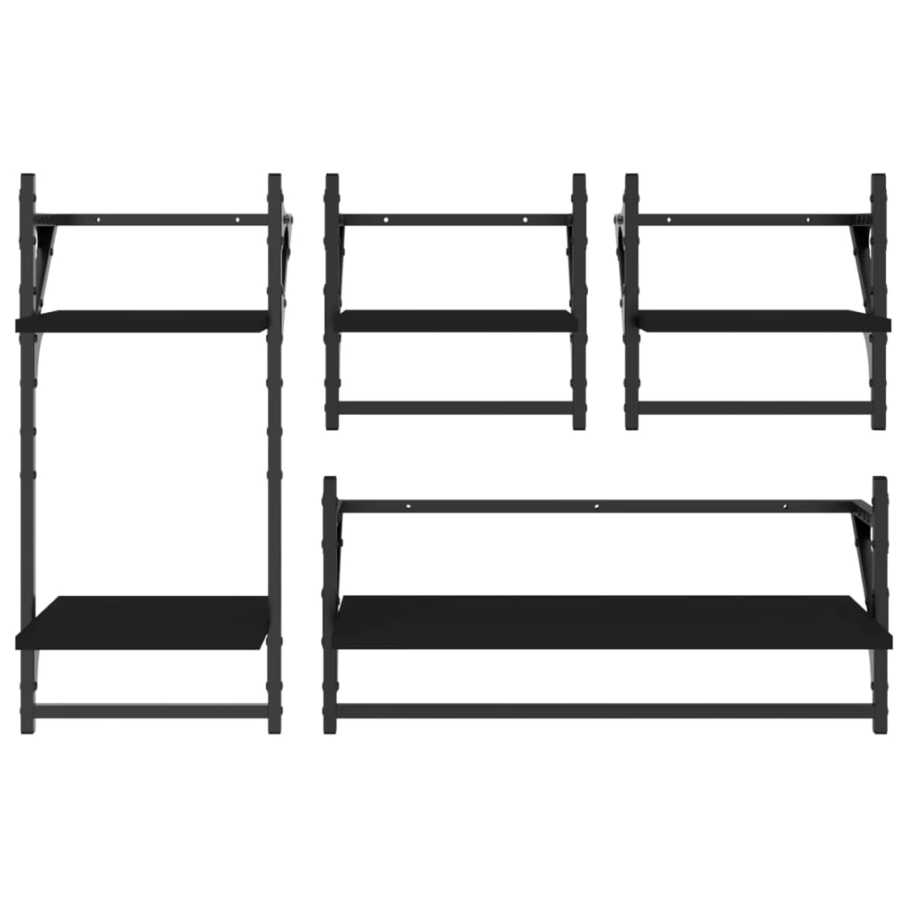 4 Piece Wall Shelf Set with Bars Black Engineered Wood