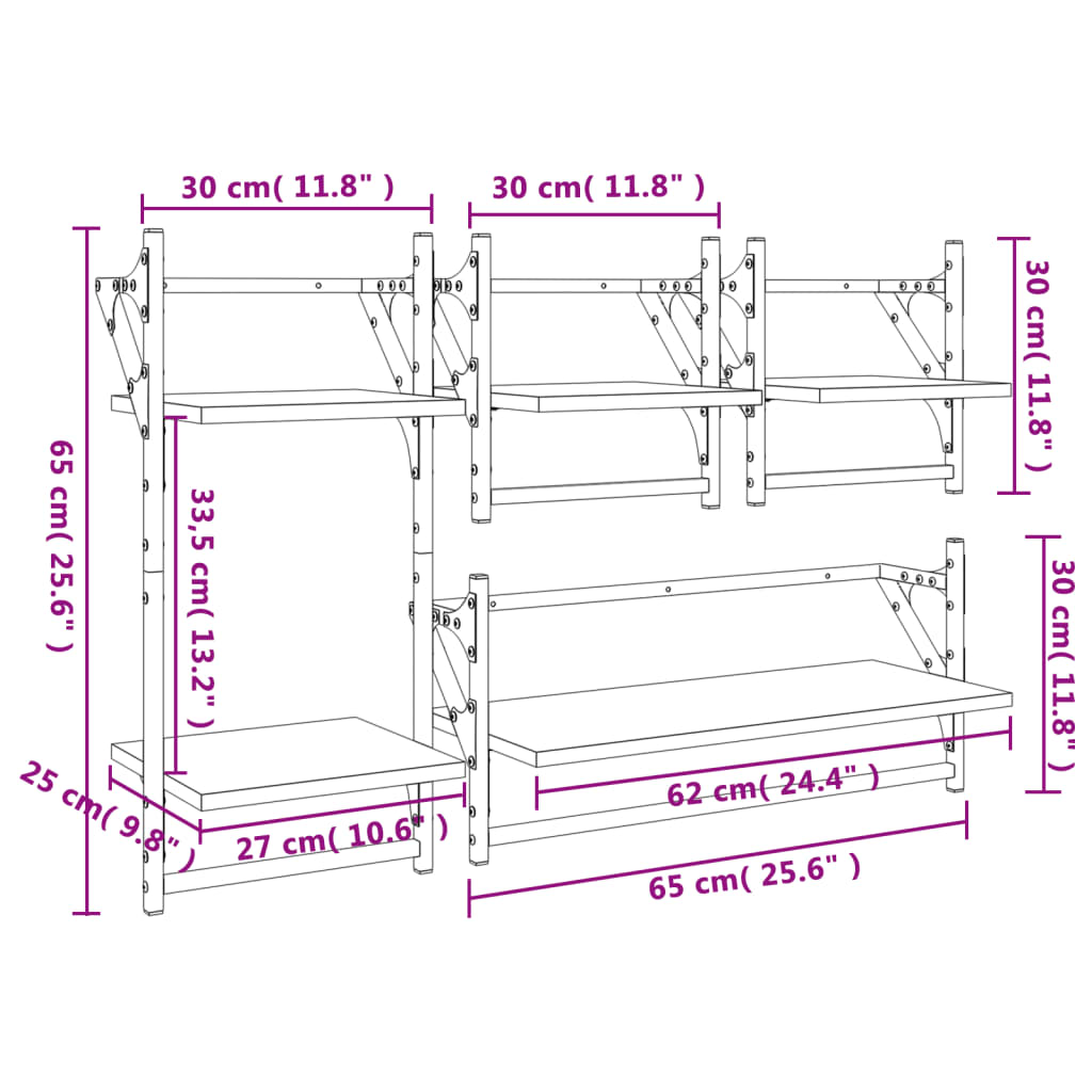 4 Piece Wall Shelf Set with Bars Black Engineered Wood