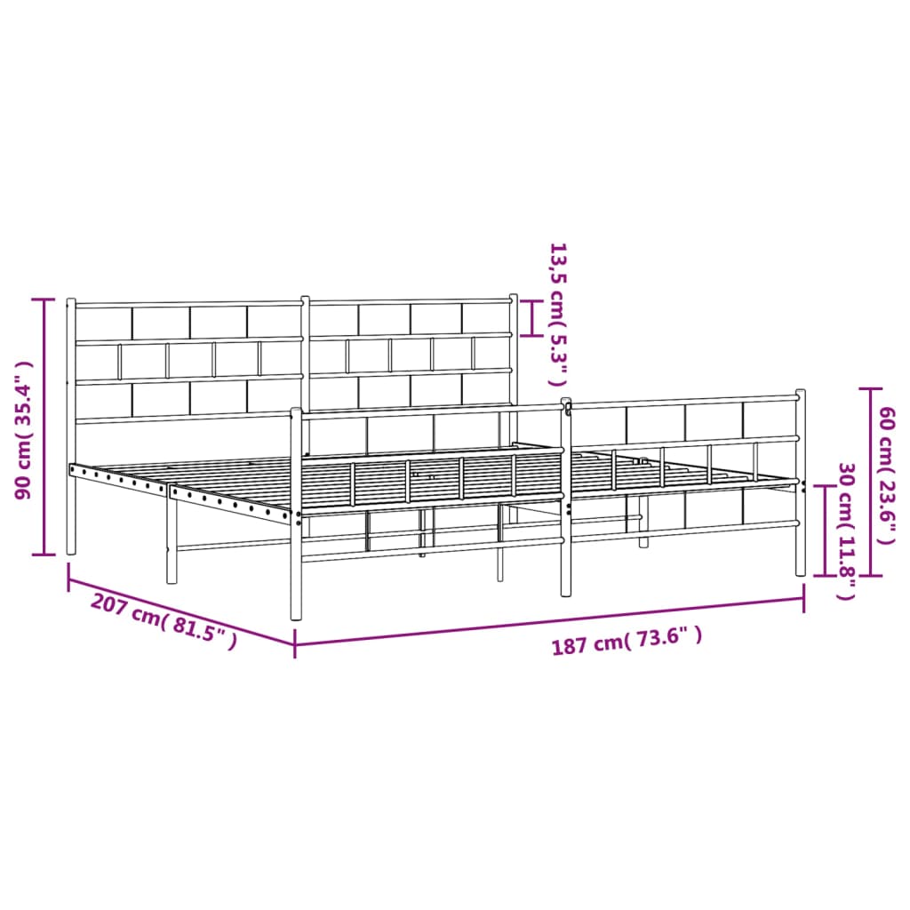 Metal Bed Frame without Mattress with Footboard Black 183x203 cm King Size