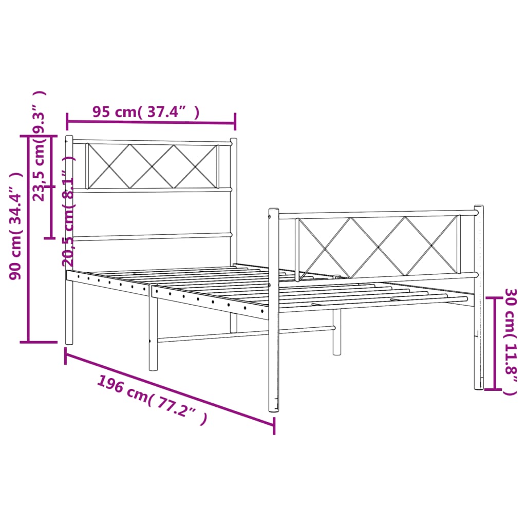 Metal Bed Frame With Headboard And Footboard 92X187 Cm Single Size