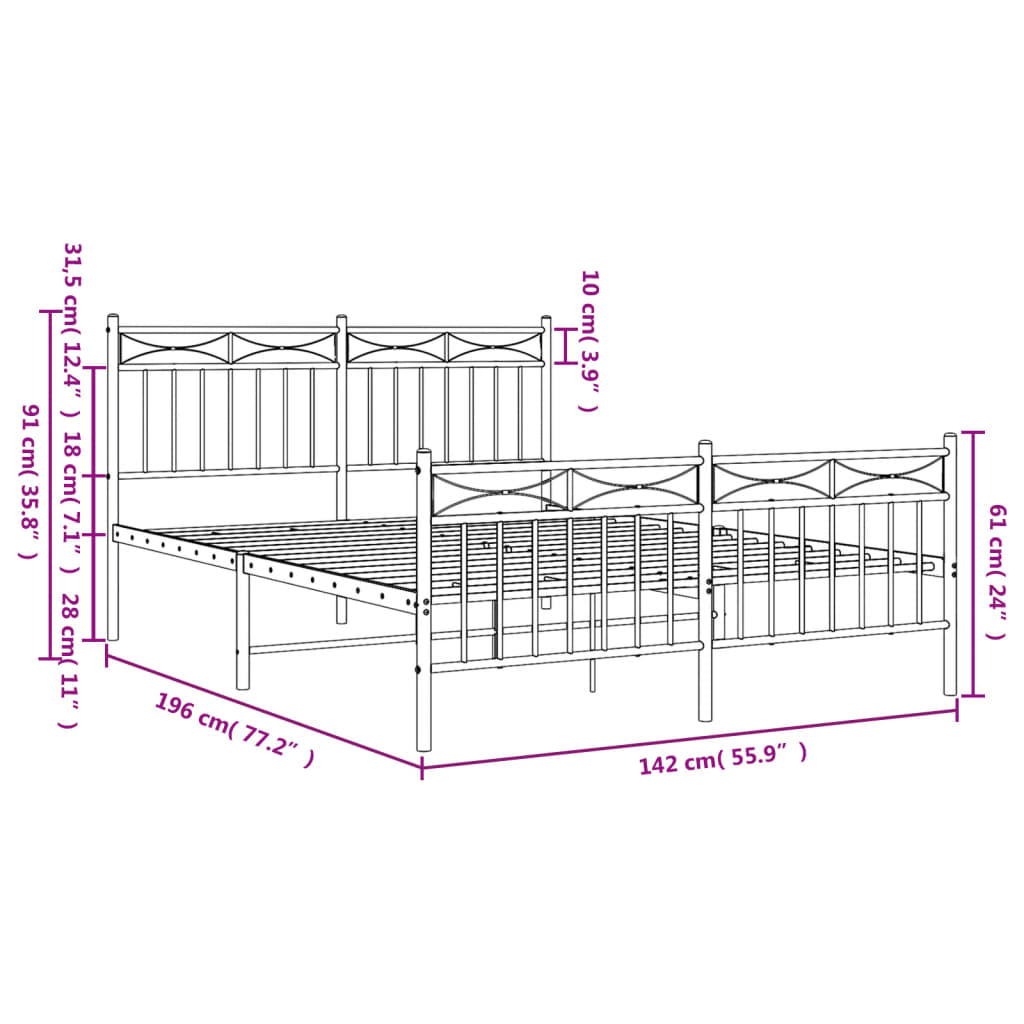 Metal Bed Frame with Headboard and Footboard Black 135x190 cm