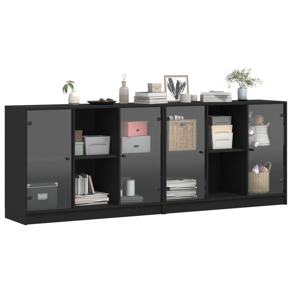 Bookcase with Doors Black 204x37x75 cm Engineered Wood