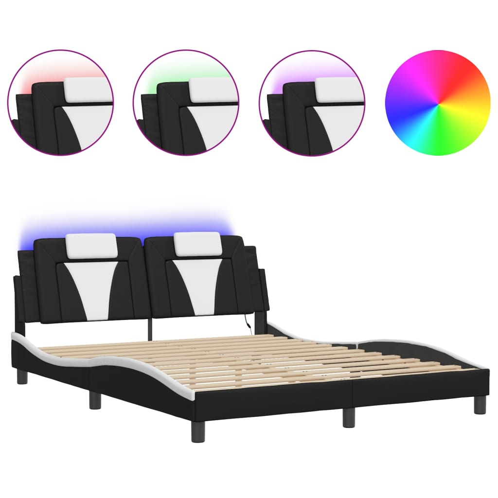 Bed Frame with LED Light Black and White 152x203 cm Faux Leather