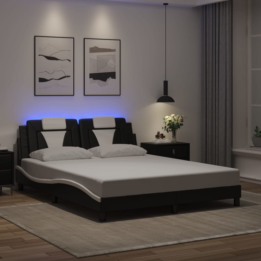 Bed Frame with LED Light Black and White 152x203 cm Faux Leather