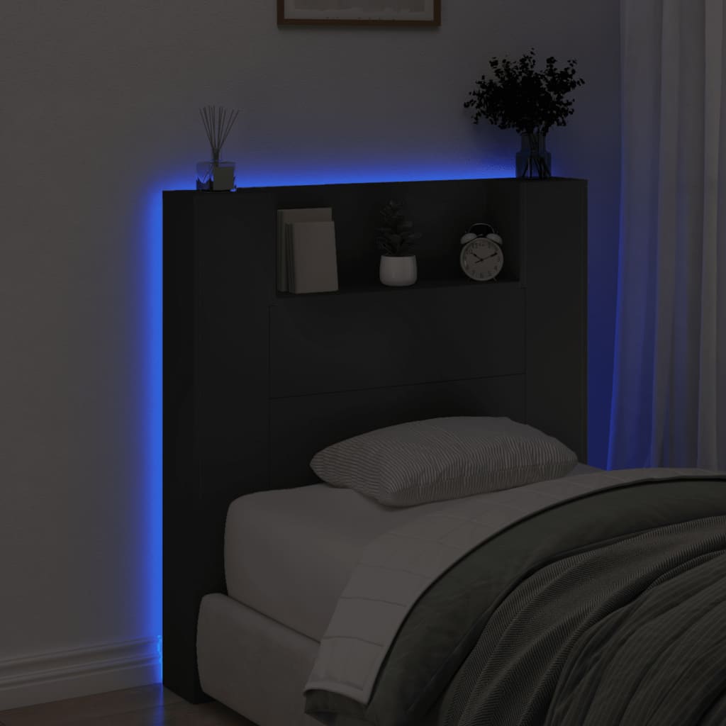 Headboard Cabinet with LED Black 100x16.5x103.5 cm