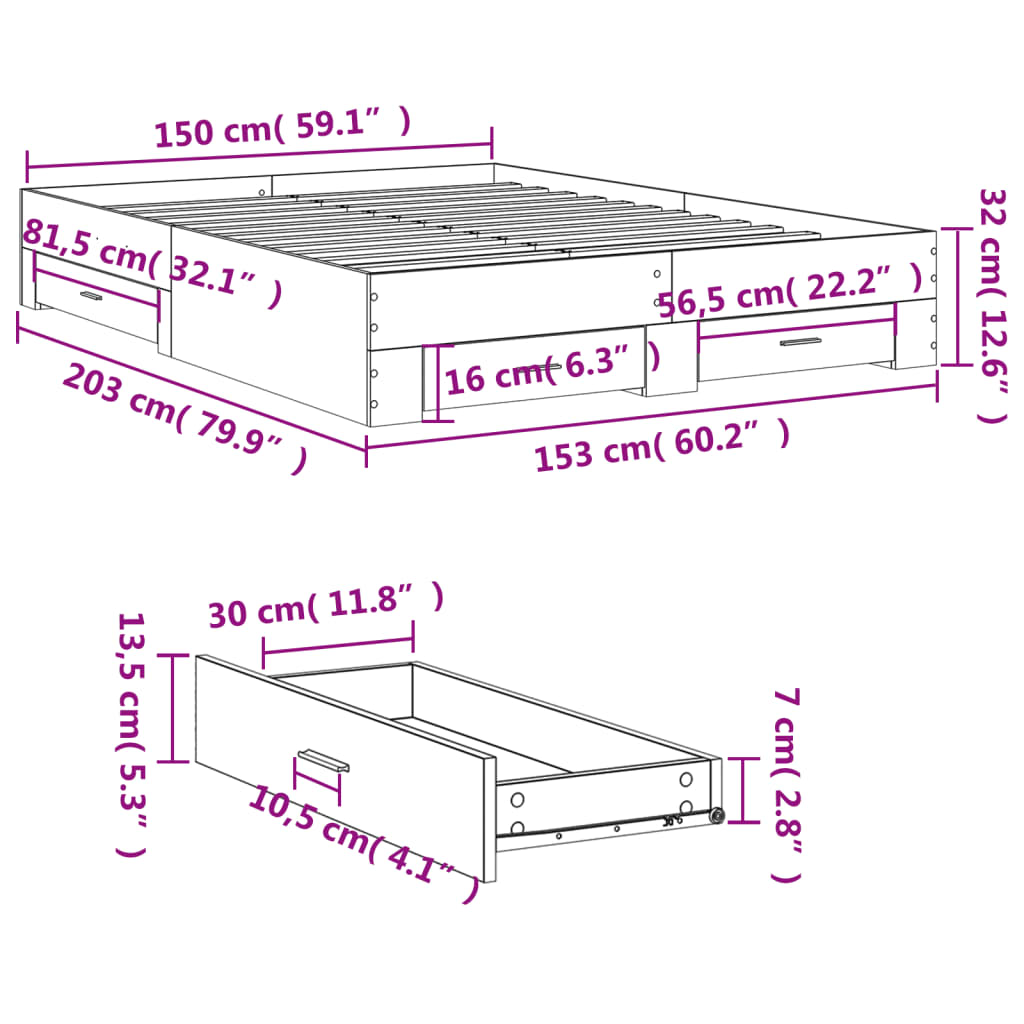 Bed Frame with Drawers White 150x200 cm Engineered Wood