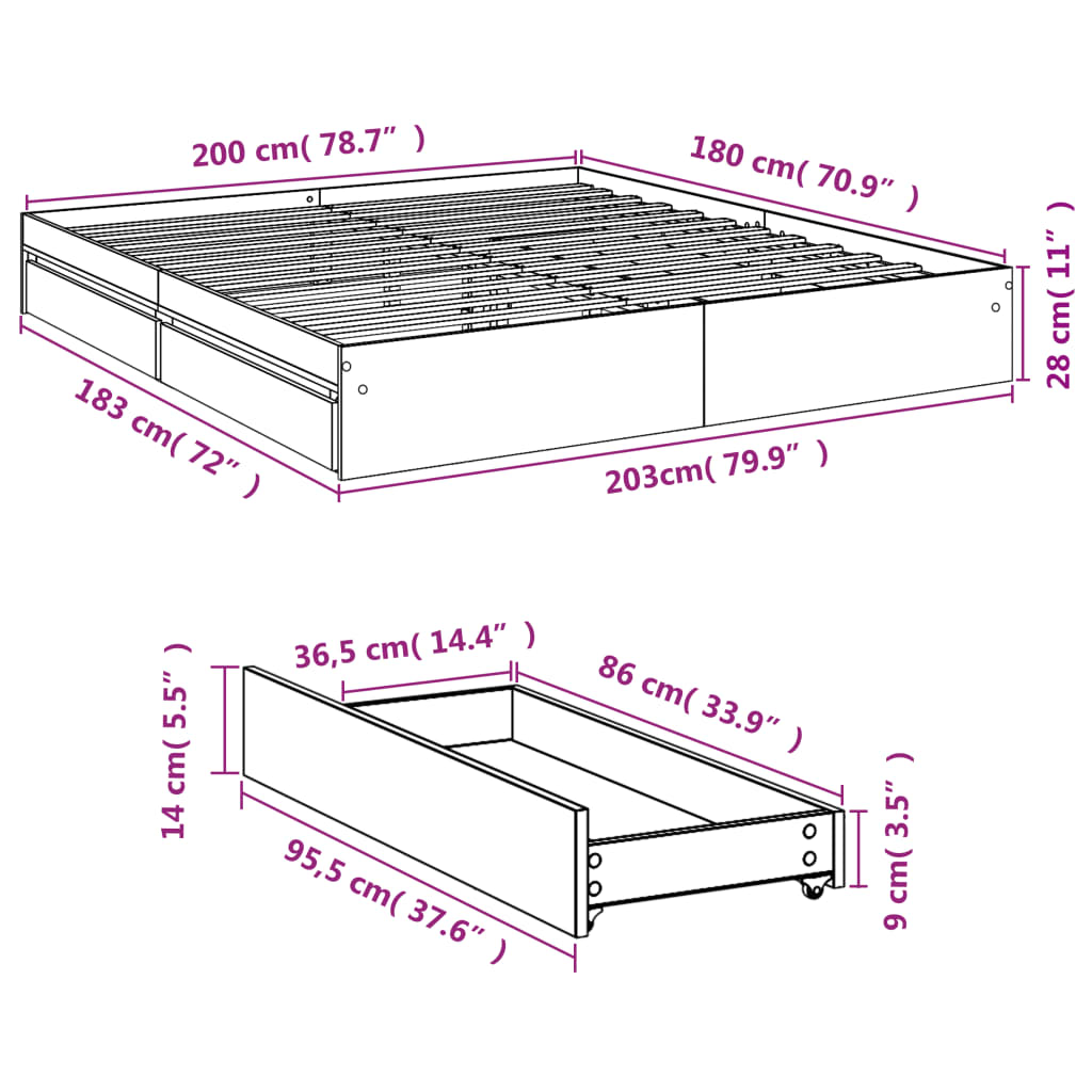 Bed Frame with Drawers White 183x203 cm King Size Engineered Wood