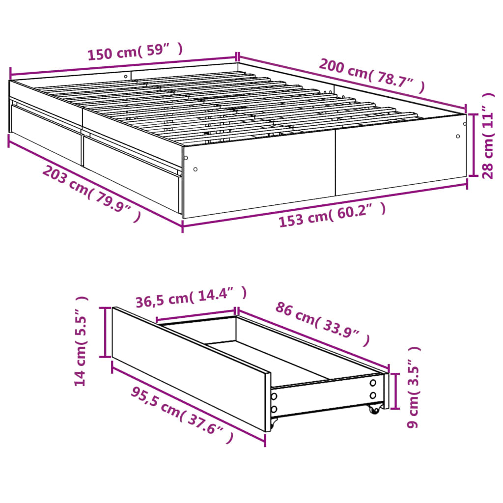 Bed Frame with Drawers White 150x200 cm Engineered Wood