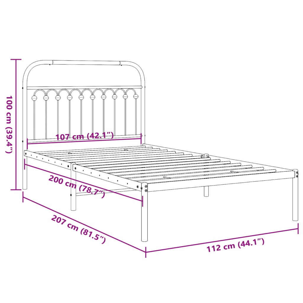 Metal Bed Frame without Mattress with Headboard Black 107x203 cm King Single