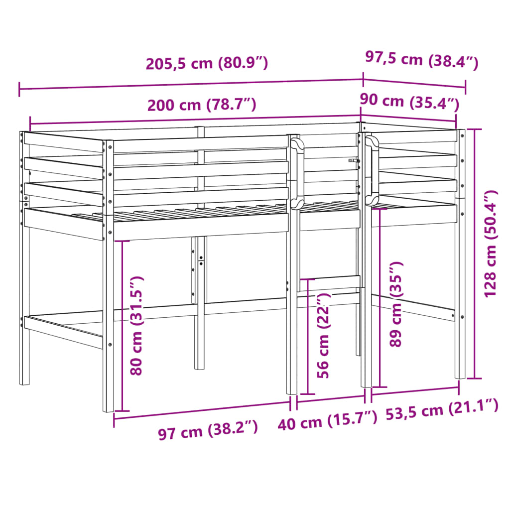 Kids' Loft Bed without Mattress 92x187 cm Single Solid Wood Pine