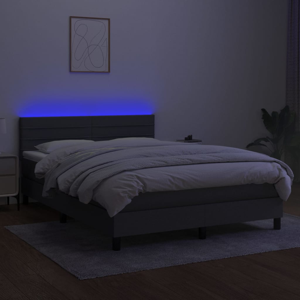 Box Spring Bed with Mattress&LED Dark Grey 137x187 cm Double Size Fabric