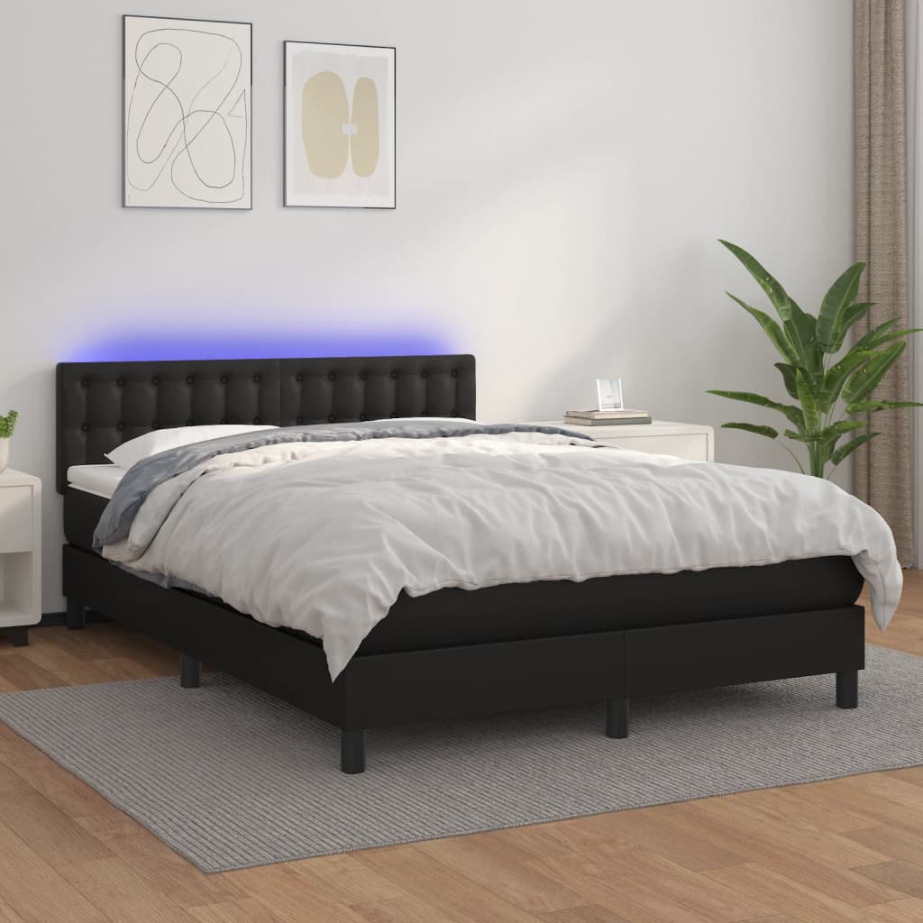 Box Spring Bed with Mattress&LED Black 137x187 cm Double Size Faux Leather