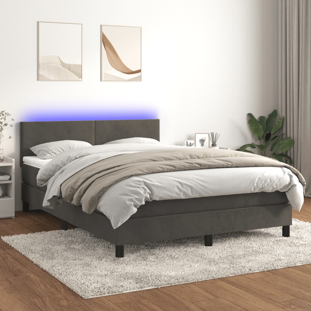 Box Spring Bed with Mattress&LED Dark Grey 153x203 cm Queen Size Velvet