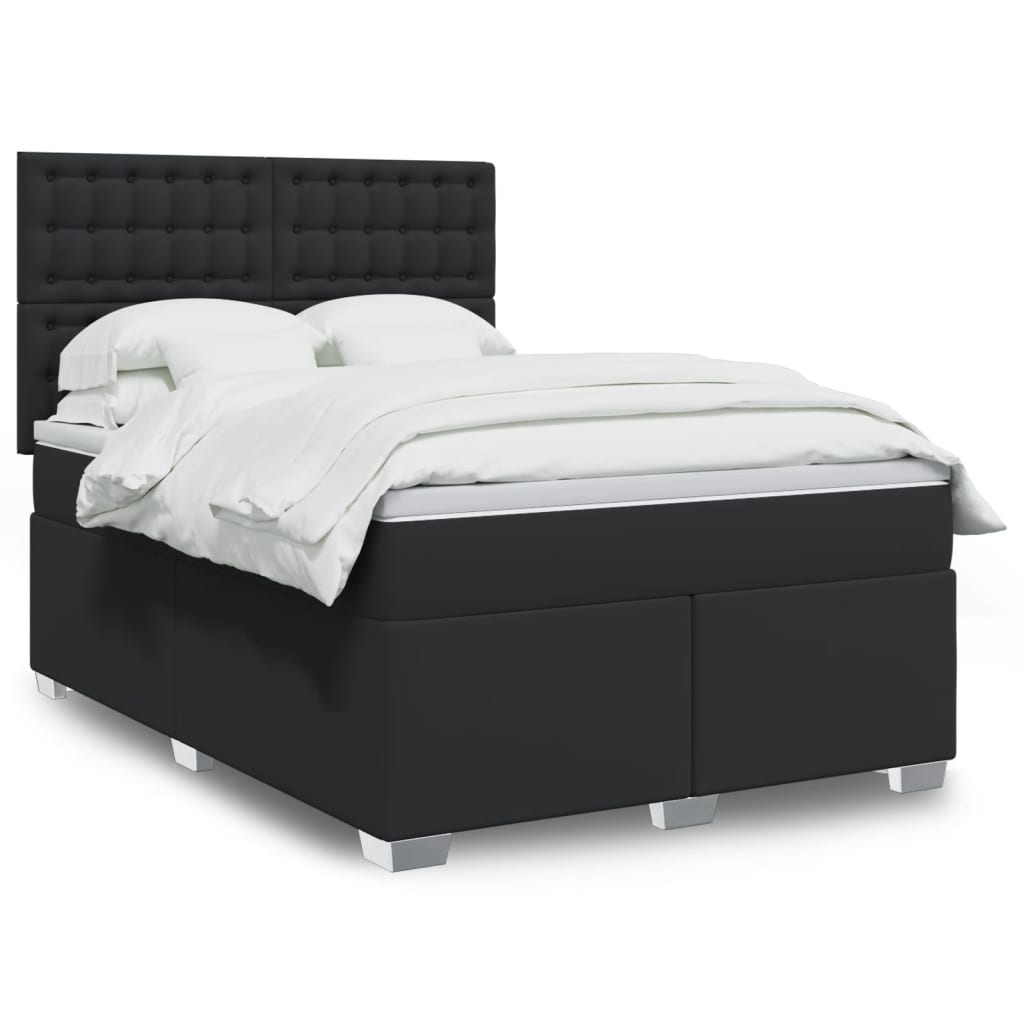 Box Spring Bed with Mattress Black Queen Faux Leather