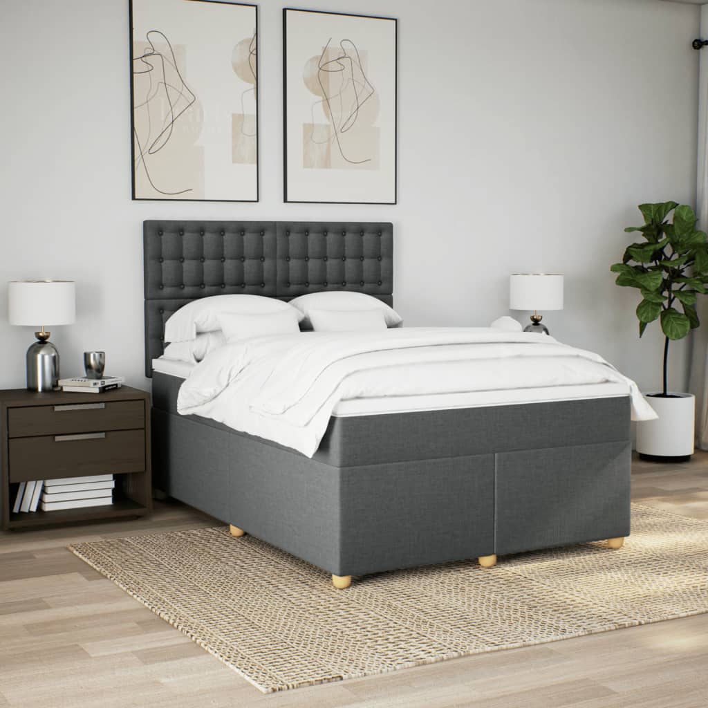 Box Spring Bed with Mattress Dark Grey Double Fabric