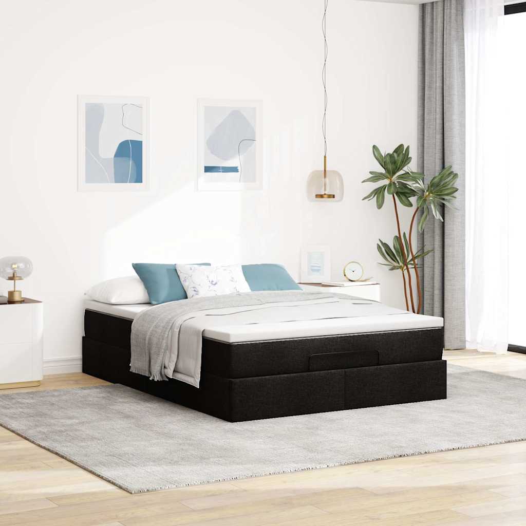 Ottoman Bed Frame with Mattress Black Double Faux Leather