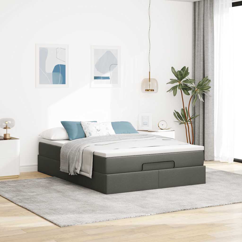 Ottoman Bed Frame with Mattress Dark Grey Double Fabric