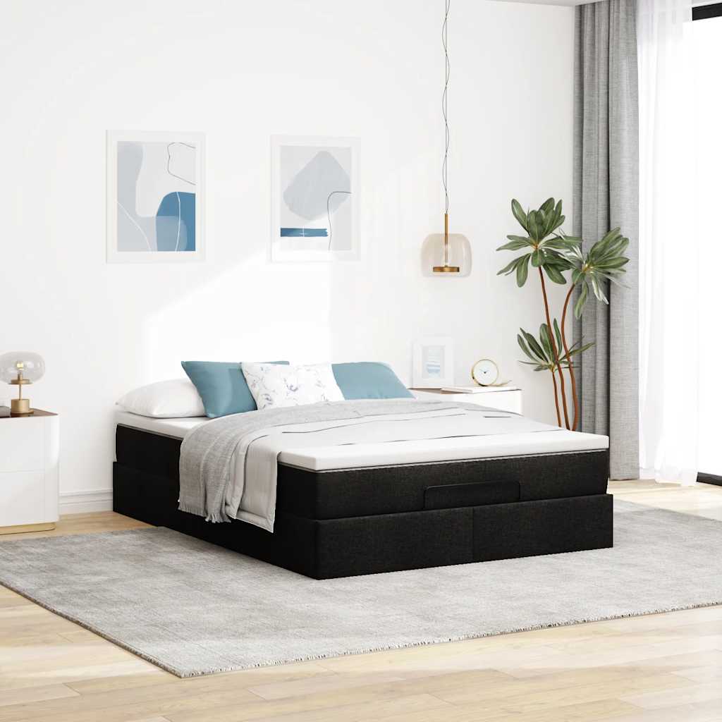 Ottoman Bed Frame with Mattress Black Double Fabric