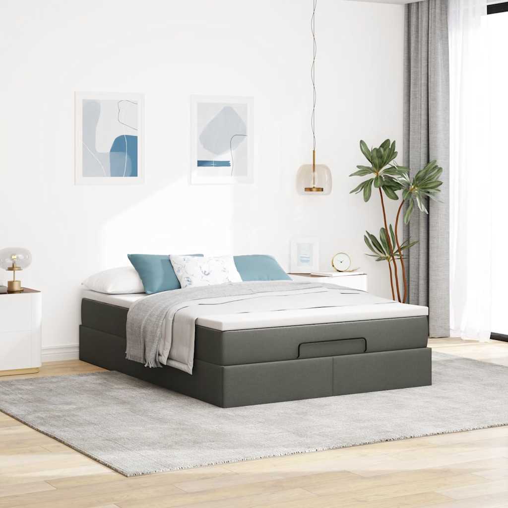 Ottoman Bed Frame with Mattress Dark Grey Queen Fabric