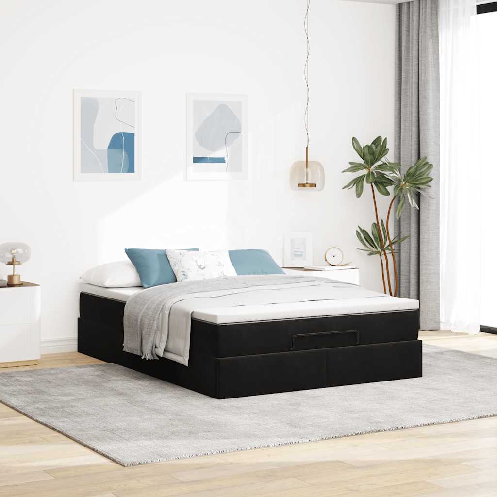 Ottoman Bed Frame with Mattress Black Double Velvet