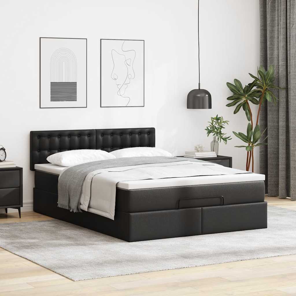 Ottoman Bed Frame with Mattress Black Queen Faux Leather