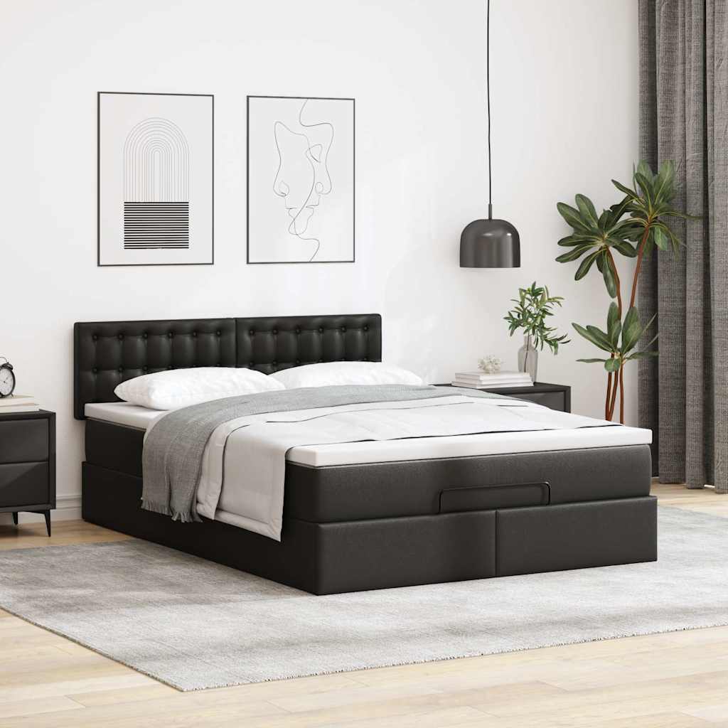 Ottoman Bed Frame with Mattress Black Double Faux Leather