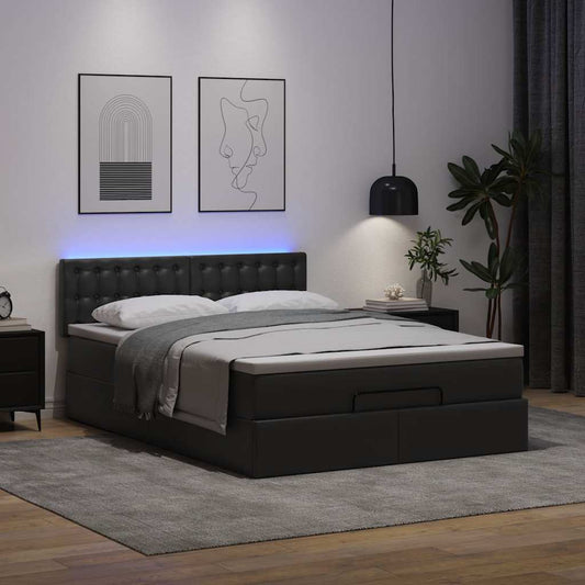 Ottoman Bed Frame with Mattress Black Double Faux Leather