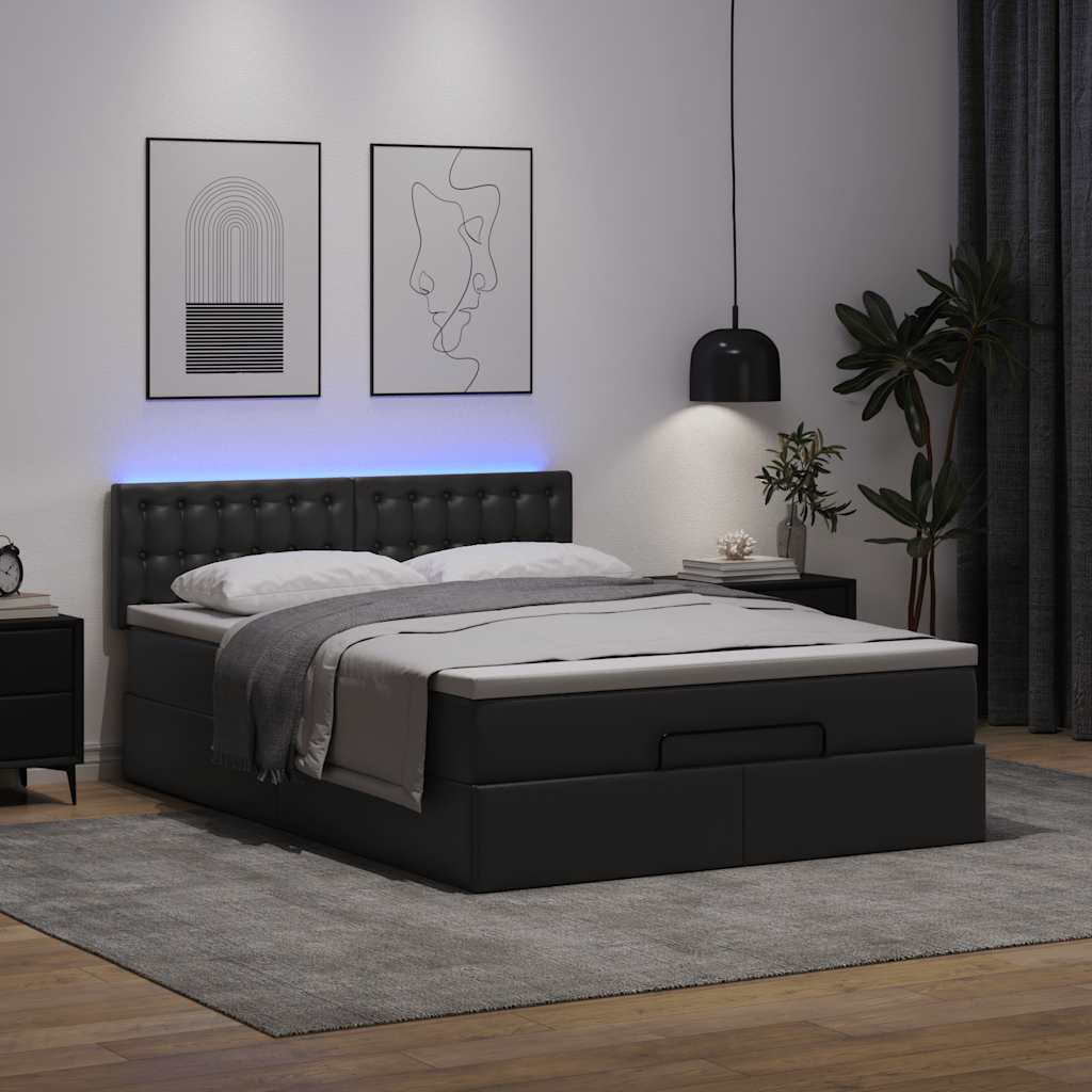 Ottoman Bed Frame with Mattress Black Queen Faux Leather