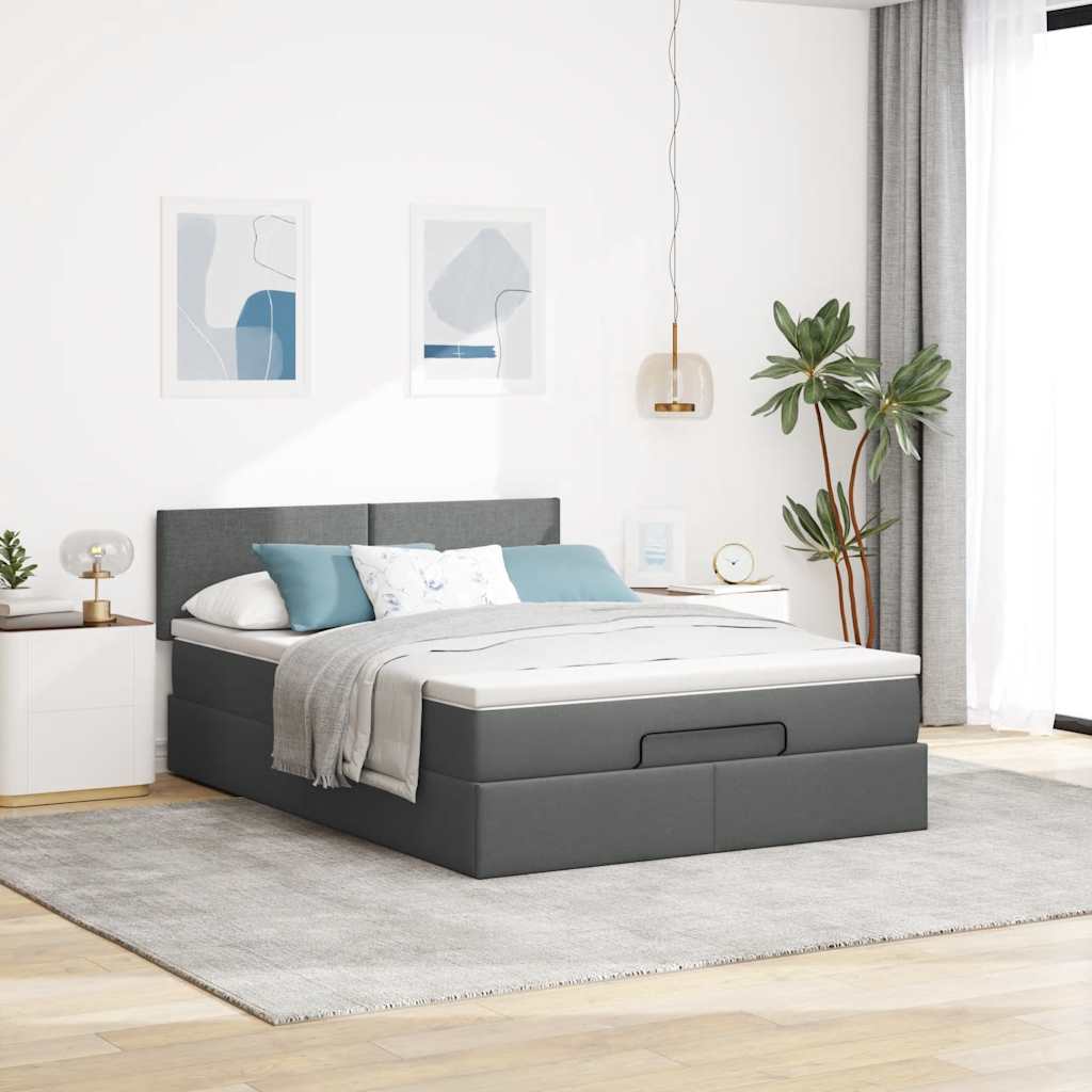 Ottoman Bed Frame with Mattress Dark Grey Queen Fabric