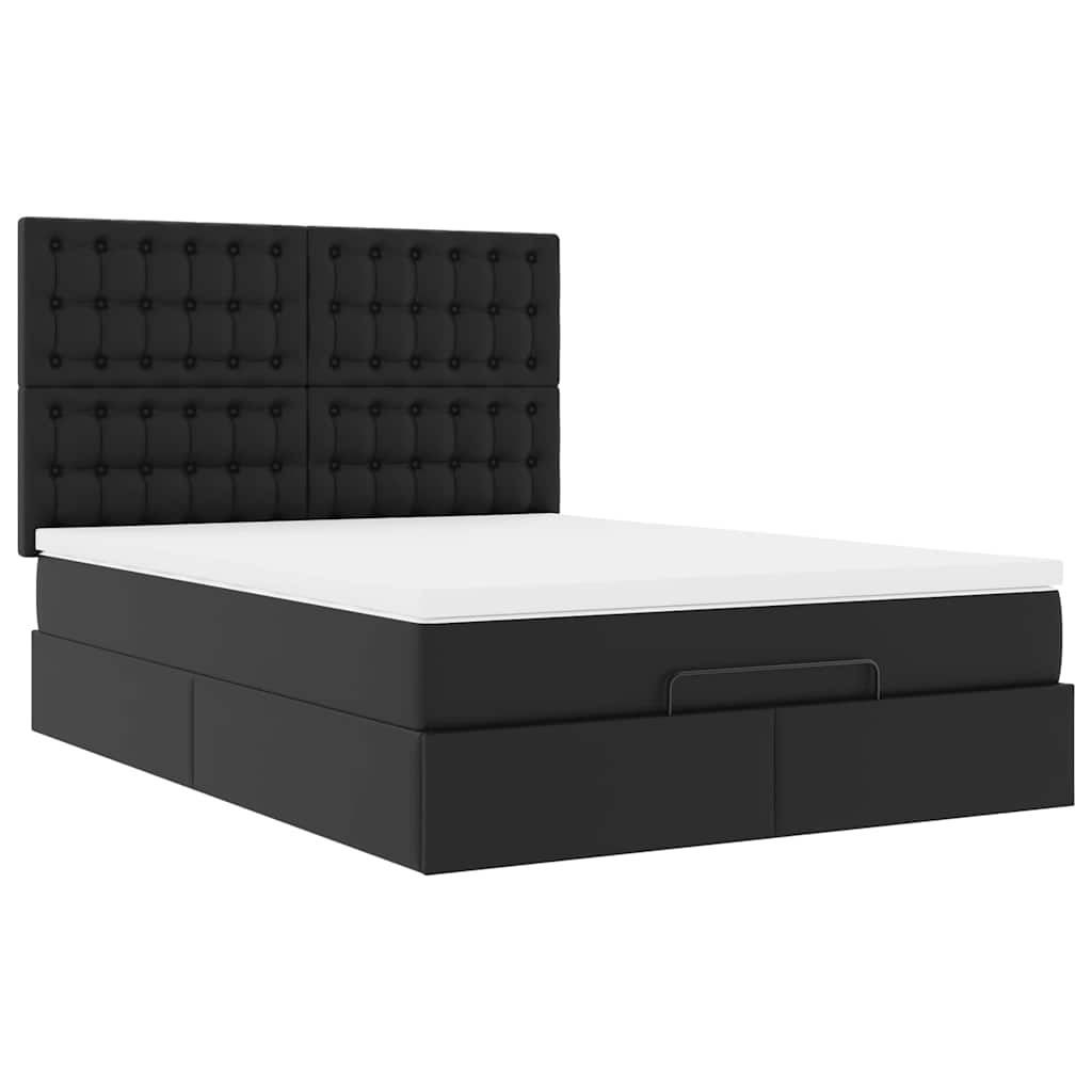 Ottoman Bed Frame with Mattress Black Queen Faux Leather