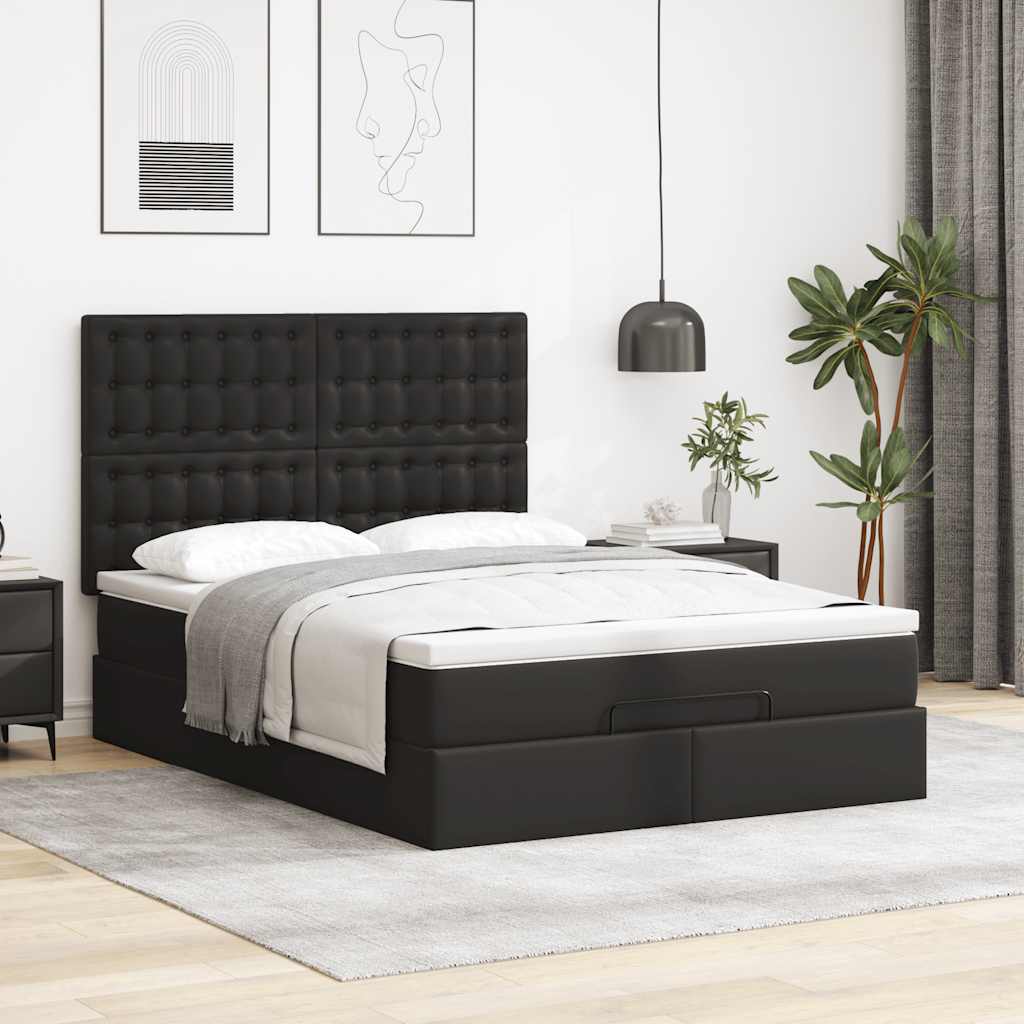 Ottoman Bed Frame with Mattress Black Queen Faux Leather