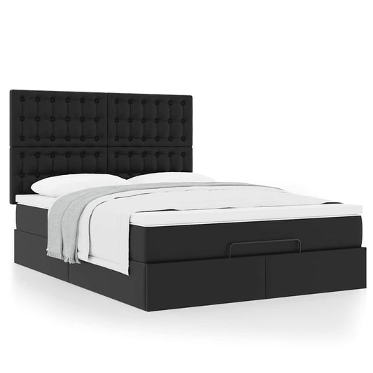 Ottoman Bed Frame with Mattress Black Queen Faux Leather