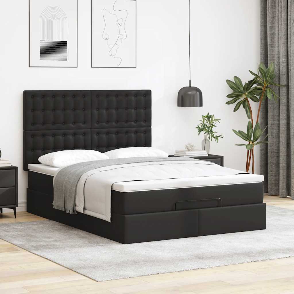 Ottoman Bed Frame with Mattress Black Double Faux Leather